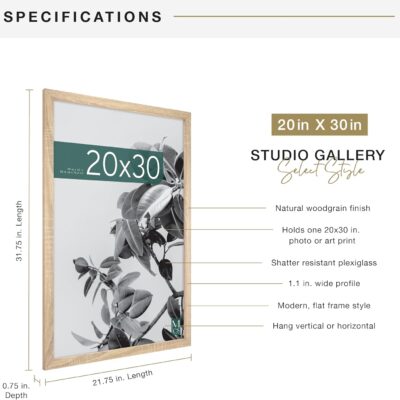 MCS Studio Gallery Poster Frame – Natural Woodgrain, 20 × 30 in, Vertical & Horizontal Wall Hanging (1‑Pack)