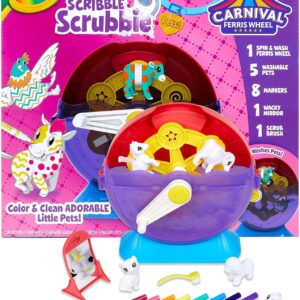 Crayola Scribble Scrubbie Pets Carnival Playset – Spin & Wash Ferris Wheel, 5 Washable Pets, 8 Washable Markers, Scrub Brush & Wacky Mirror
